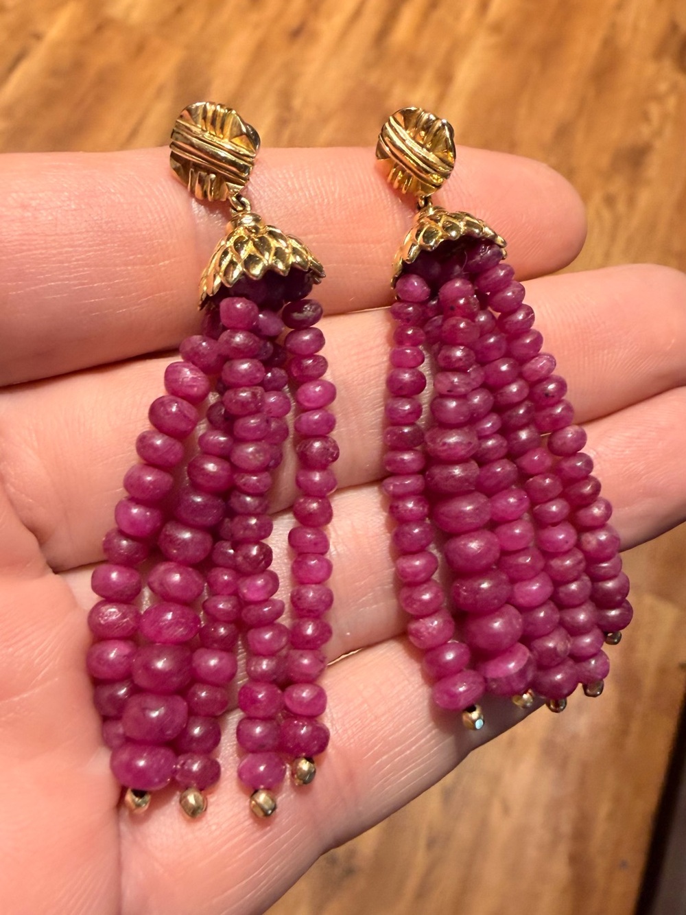 Ruby 22k Gold Earrings from India. Stunning Tassel Earrings - Women Jewelry - Picture 10 of 14